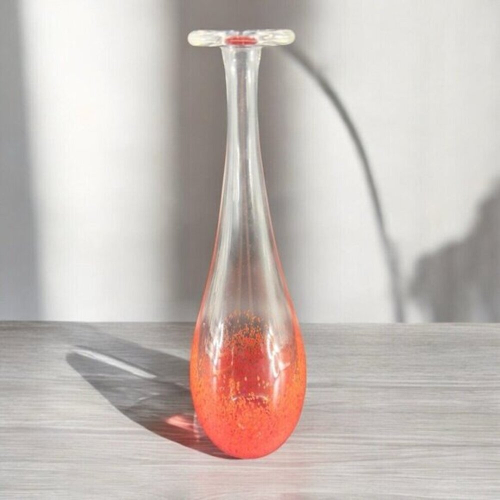 Vintage Hand Blown Bottle Vase Long Neck Red Spots Hand Made‎ Glass Vase Signed